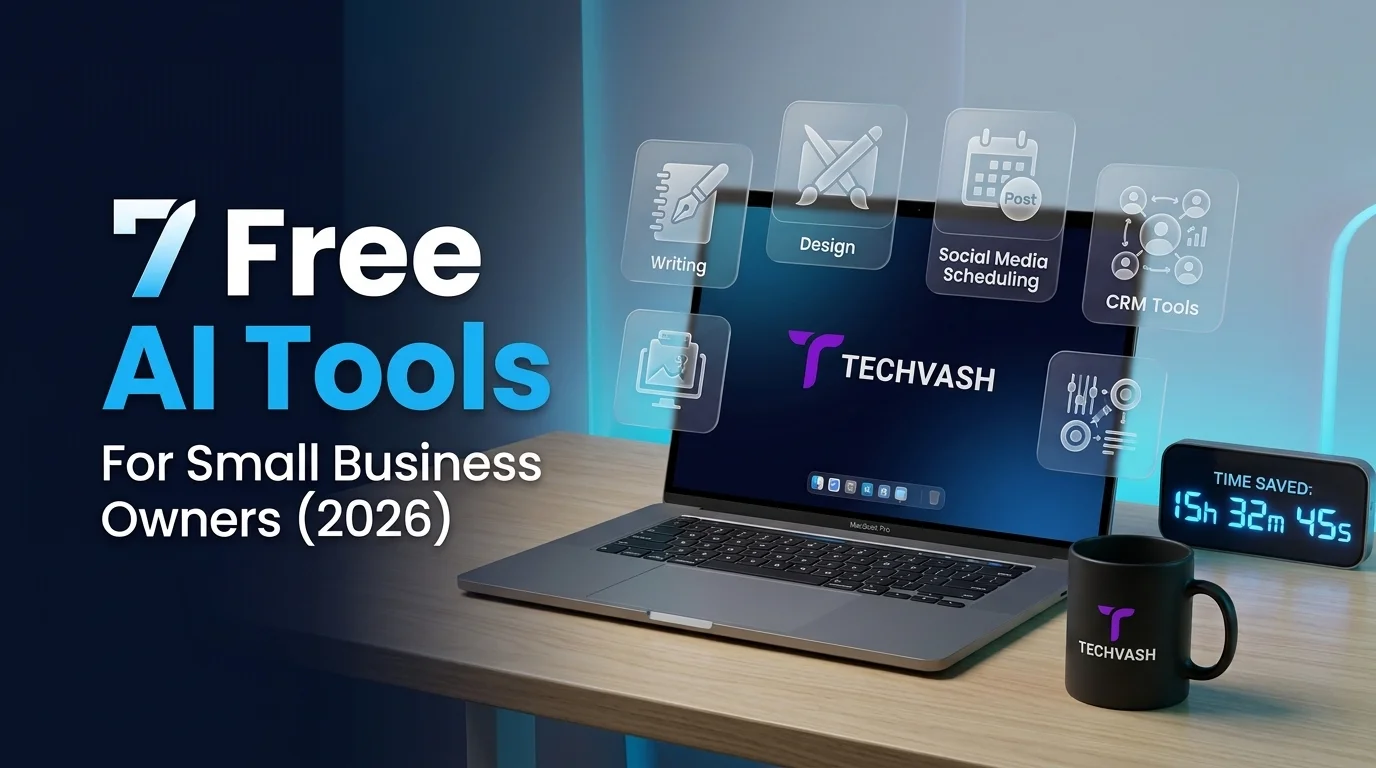 TechVash desk setup featuring an open laptop, glassmorphism AI tool icons, and text reading 7 Free AI Tools For Small Business Owners (2026).