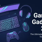 TechVash blog banner for "Best Gaming Gadgets 2026" displaying a flat-lay illustration of gaming peripherals—including a monitor, keyboard, mouse, headset, and controller—with glowing purple and cyan accents on a dark navy desk.