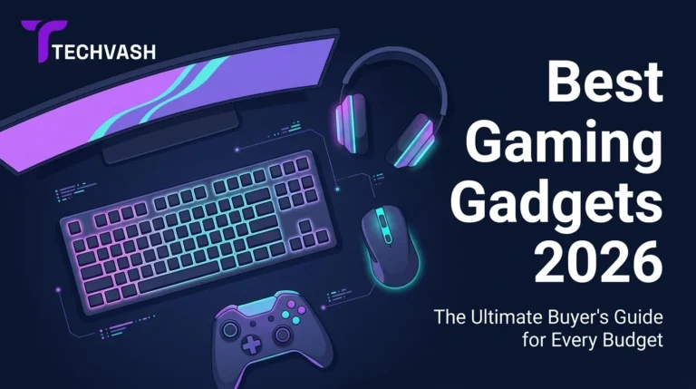 TechVash blog banner for "Best Gaming Gadgets 2026" displaying a flat-lay illustration of gaming peripherals—including a monitor, keyboard, mouse, headset, and controller—with glowing purple and cyan accents on a dark navy desk.