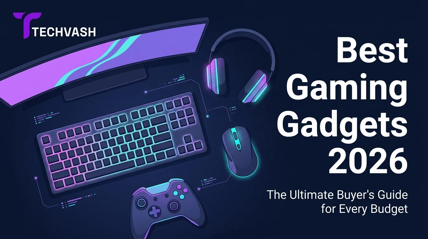 TechVash blog banner for "Best Gaming Gadgets 2026" displaying a flat-lay illustration of gaming peripherals—including a monitor, keyboard, mouse, headset, and controller—with glowing purple and cyan accents on a dark navy desk.