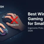 An informational banner by TECHVASH shows two illustrated hands gripping gaming mice, one labeled "Poor Fit" with a red X, illustrating how to choose the best wireless gaming mouse for small hands for 2026.