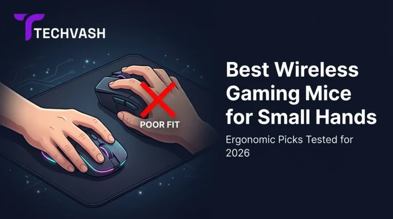 An informational banner by TECHVASH shows two illustrated hands gripping gaming mice, one labeled "Poor Fit" with a red X, illustrating how to choose the best wireless gaming mouse for small hands for 2026.