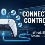 PS5 DualSense controller connected via USB-C to a PC monitor with floating Bluetooth and Steam icons.