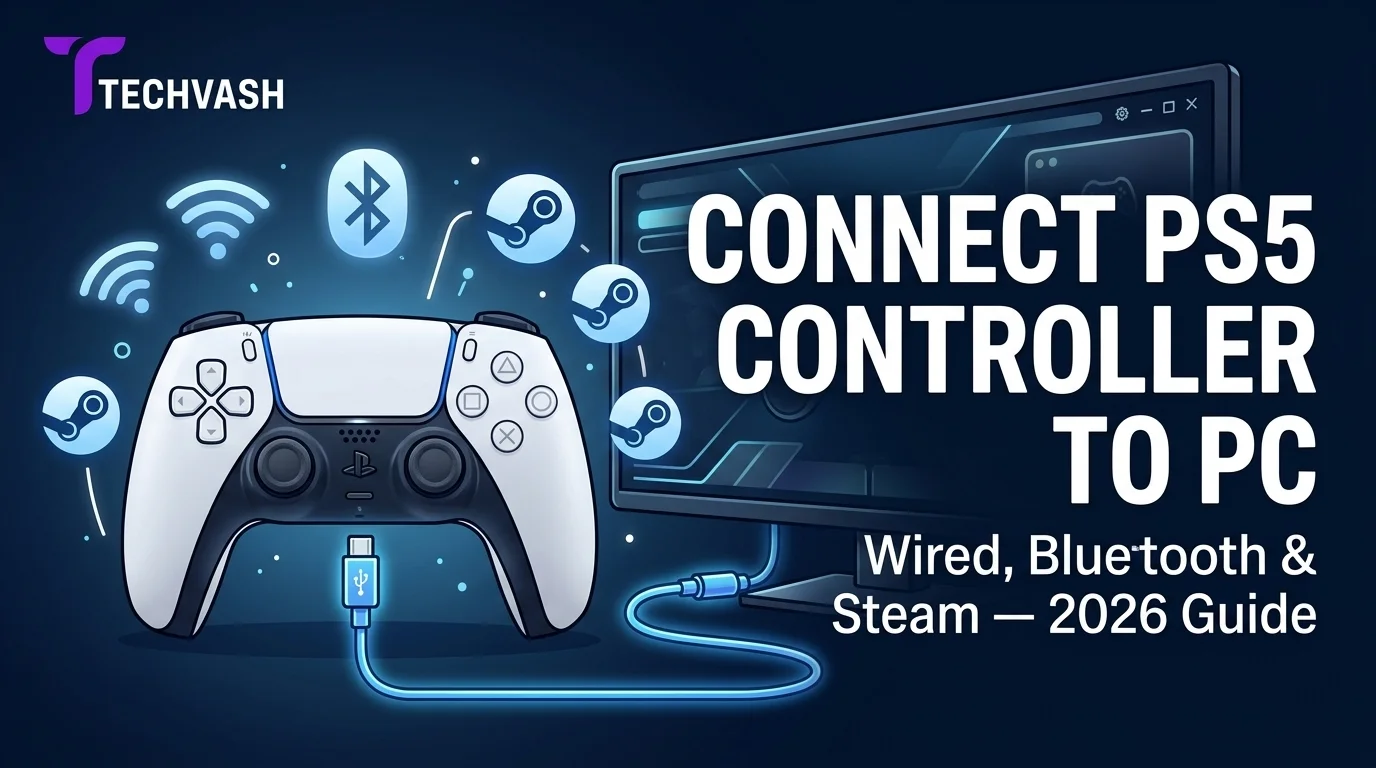 PS5 DualSense controller connected via USB-C to a PC monitor with floating Bluetooth and Steam icons.