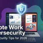 TechVash blog header featuring a split-screen laptop with work and personal apps beneath a glowing cybersecurity shield, titled "Remote Work Cybersecurity: BYOD Security Tips for 2026."
