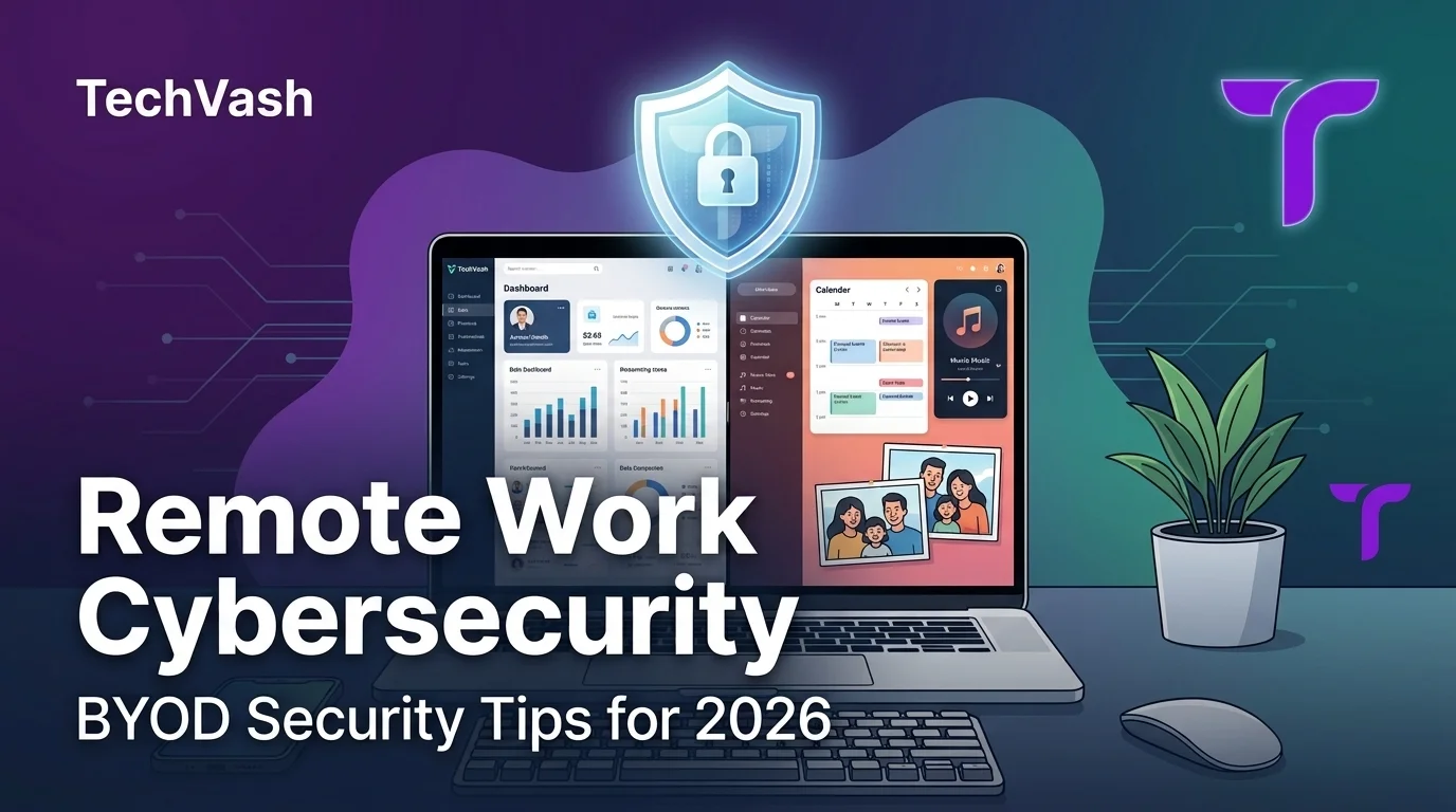 TechVash blog header featuring a split-screen laptop with work and personal apps beneath a glowing cybersecurity shield, titled "Remote Work Cybersecurity: BYOD Security Tips for 2026."