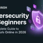 TechVash blog banner with glowing purple shield, locks, and text reading "Cybersecurity for Beginners".
