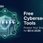 TechVash banner showing a protected small business storefront with orbiting security icons and text reading Free Cybersecurity Tools.