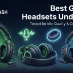 TechVash banner for Best Gaming Headsets Under $50 (2026) featuring three headsets illuminated by green and blue neon glow on a dark background.