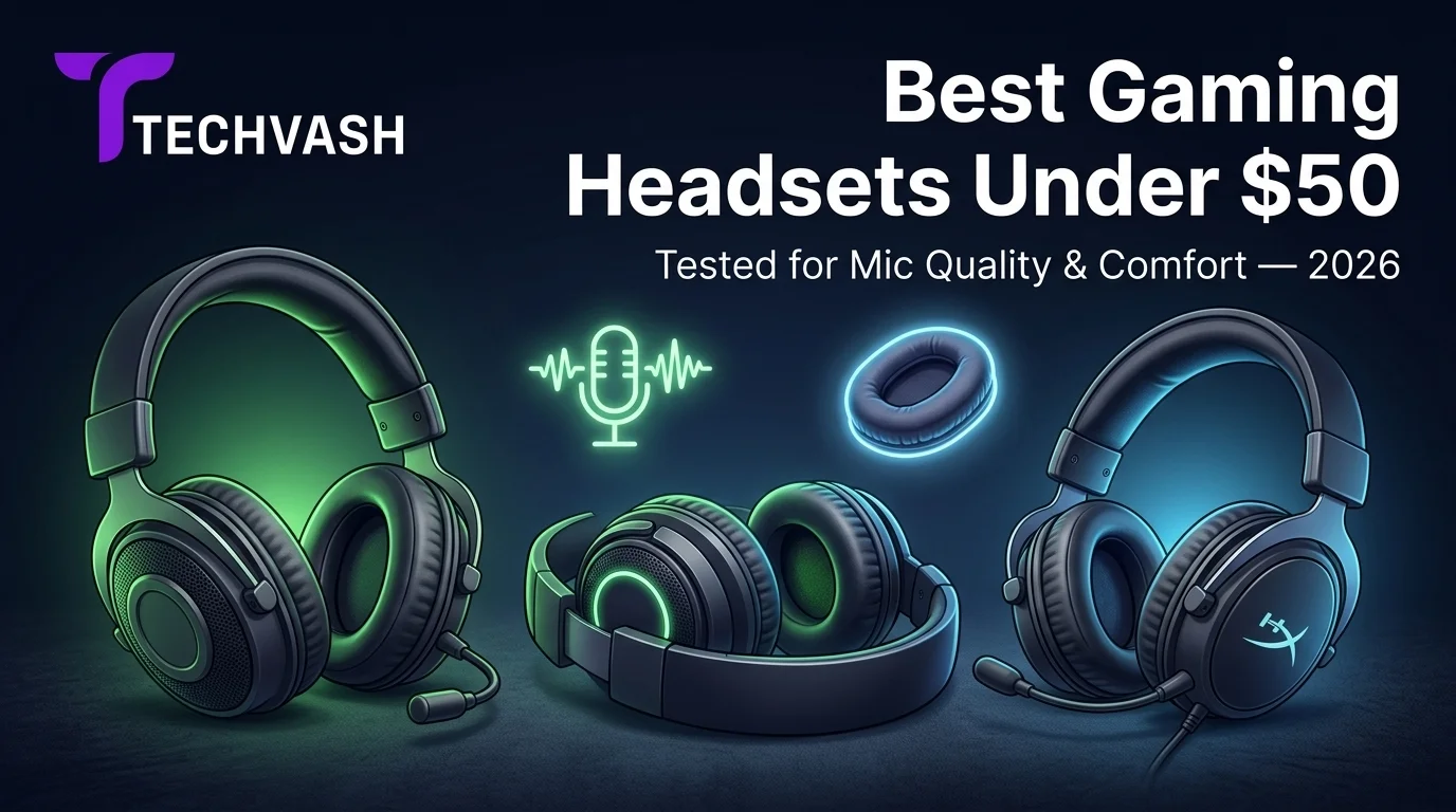 TechVash banner for Best Gaming Headsets Under $50 (2026) featuring three headsets illuminated by green and blue neon glow on a dark background.