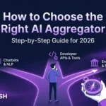 Illustration of a person standing at a glowing three-way crossroads holding a compass, with text reading "How to Choose the Right AI Aggregator: Step-by-Step Guide for 2026" and TechVash branding.