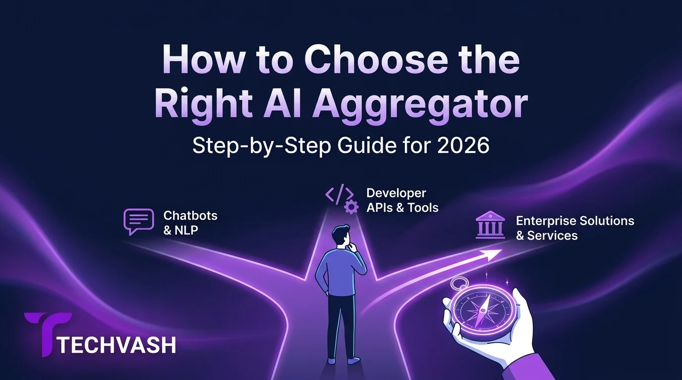 Illustration of a person standing at a glowing three-way crossroads holding a compass, with text reading "How to Choose the Right AI Aggregator: Step-by-Step Guide for 2026" and TechVash branding.