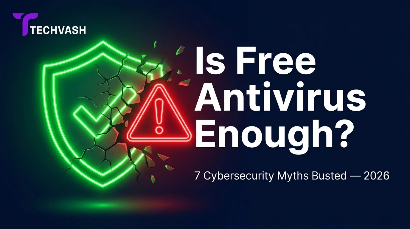 TechVash banner with glowing cracked green shield revealing a red warning sign alongside text "Is Free Antivirus Enough?"