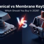 Split-screen visual of a membrane rubber dome keyboard switch and a mechanical switch on a dark background for TechVash.