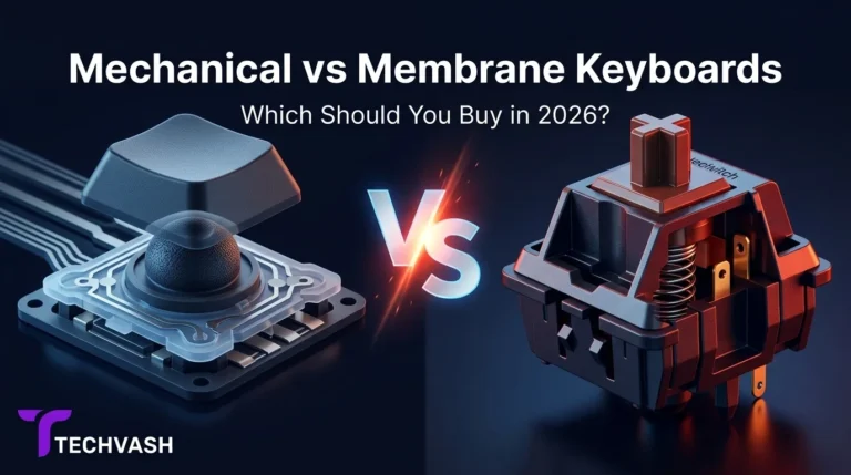 Split-screen visual of a membrane rubber dome keyboard switch and a mechanical switch on a dark background for TechVash.