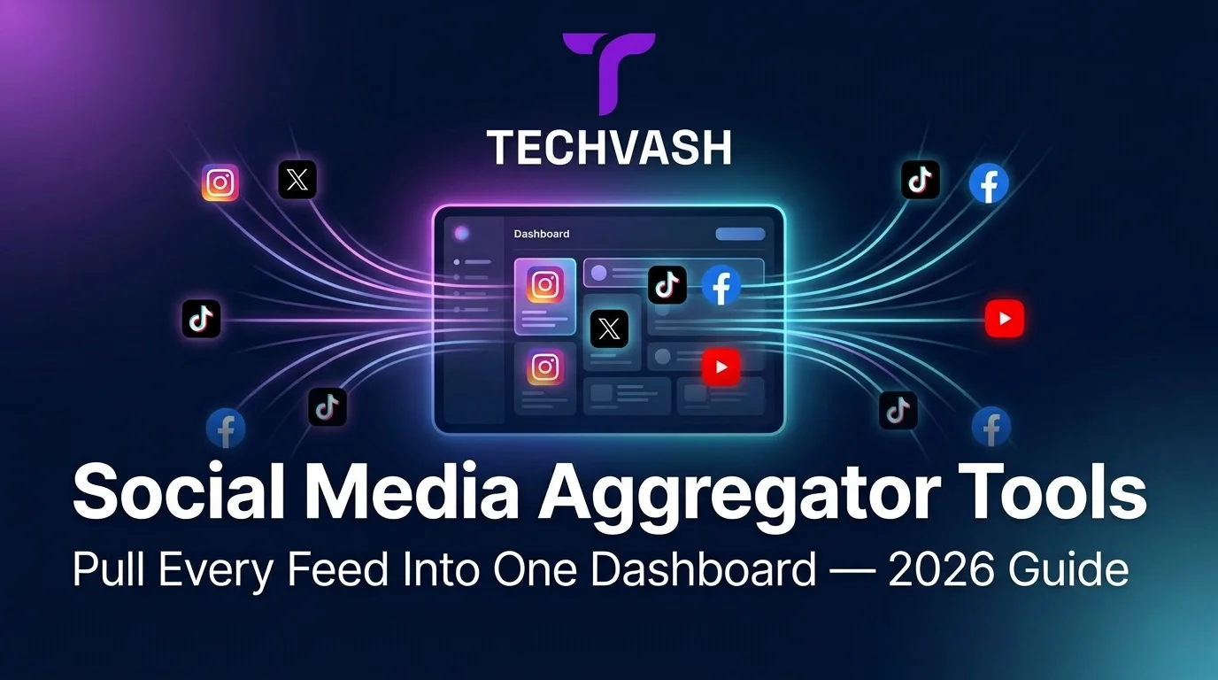 Glowing dashboard visual showing social media icons flowing in via light trails, titled "Social Media Aggregator Tools — 2026 Guide" with TechVash branding.