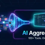 A modern dark tech banner for TechVash featuring dozens of colorful AI app icons flowing into a glowing futuristic cyan and purple funnel on the left, which outputs into a single clean unified dashboard on the right. The text reads 'AI Aggregator: 100+ Tools. One Platform.'