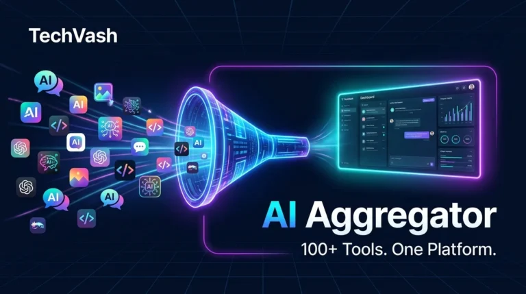 A modern dark tech banner for TechVash featuring dozens of colorful AI app icons flowing into a glowing futuristic cyan and purple funnel on the left, which outputs into a single clean unified dashboard on the right. The text reads 'AI Aggregator: 100+ Tools. One Platform.'