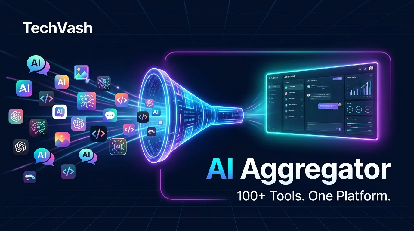 A modern dark tech banner for TechVash featuring dozens of colorful AI app icons flowing into a glowing futuristic cyan and purple funnel on the left, which outputs into a single clean unified dashboard on the right. The text reads 'AI Aggregator: 100+ Tools. One Platform.'