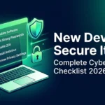 TechVash infographic: A digital checklist for securing a new device, with shields, a padlock, a laptop, and a phone.